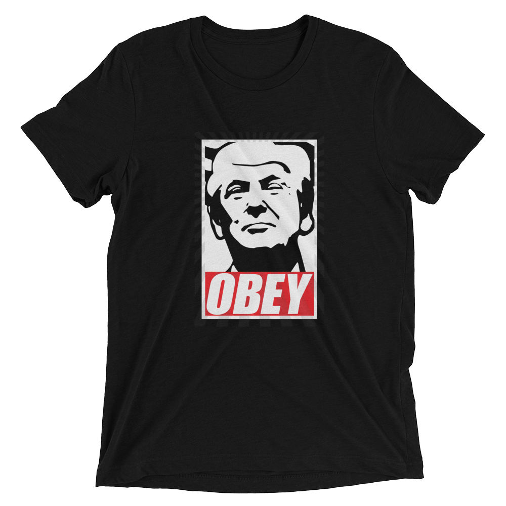 Heroic picture of President Trump with caption OBEY underneath.